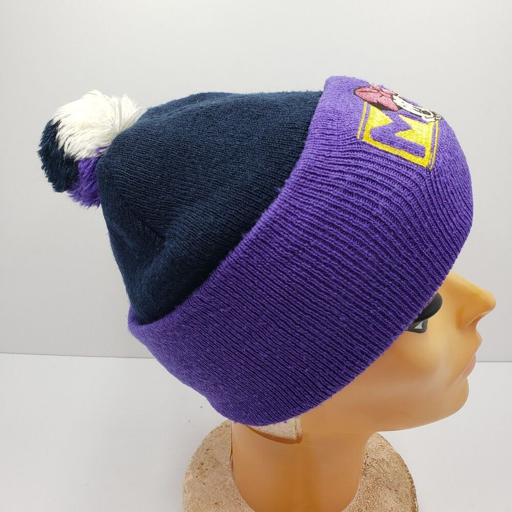 Vintage Disney Mickey Unlimited Minnie Mouse MOM Beanie Hat Purple Navy Knit Pom - Picture 5 of 11